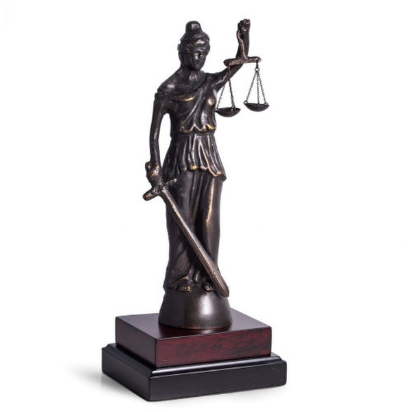 Brass Lady Justice Sculpture on Wood Base Scales Goddess Artwork